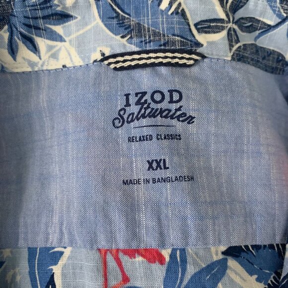 IZOD Reverse Print Button Up Hawaiian Shirt XXL Blue Flamingo Chambray Pocket - Picture 6 of 6